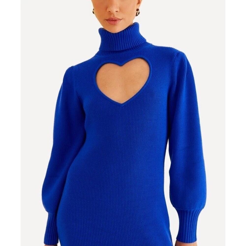 Farm Rio Bright Blue Ribbed Knit Heart Cutout‎ Turtleneck Sweater Midi Dress NEW - Picture 6 of 16
